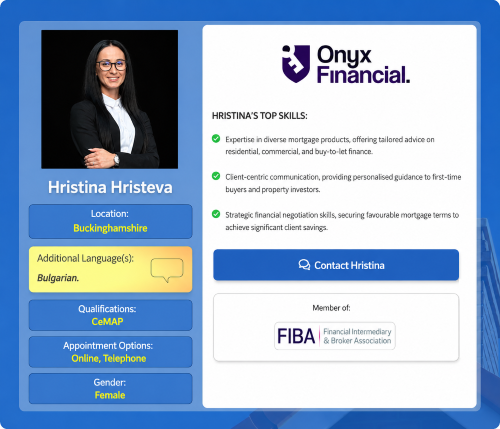 HD profile card for Hristina Hristeva, a female mortgage adviser in Buckinghamshire, showing her photo, Onyx Financial branding, key mortgage skills, Bulgarian language support, CeMAP qualification, online and telephone appointments, and FIBA membership. Why Move to Buckinghamshire