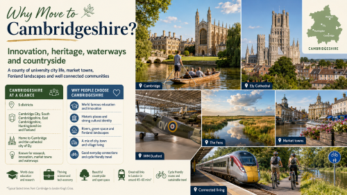 A Cambridgeshire relocation infographic titled “Why Move to Cambridgeshire?”, featuring Cambridge, Ely Cathedral, IWM Duxford, the Fens, market towns, rail and cycling links, with highlights on education, innovation, heritage, waterways, countryside and connected living. Why Move to Cambridgeshire