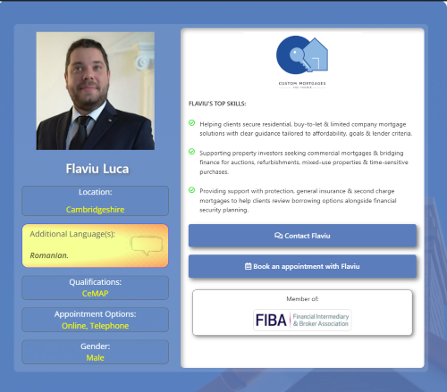 Profile card for Flaviu Luca, mortgage adviser in Cambridgeshire, showing his photo, Romanian language, CeMAP qualification, online and telephone appointments, top skills, contact and booking buttons. Why Move to Cambridgeshire