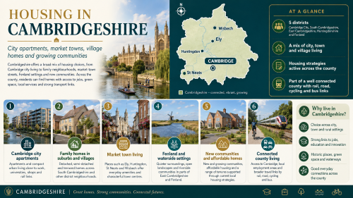 A Cambridgeshire housing infographic titled “Housing in Cambridgeshire”, featuring a county map with Cambridge, Ely, Huntingdon, St Neots and Wisbech, plus housing themes including city apartments, suburban and village family homes, market town living, Fenland waterside settings, new communities, affordable homes and connected county living. Why Move to Cambridgeshire