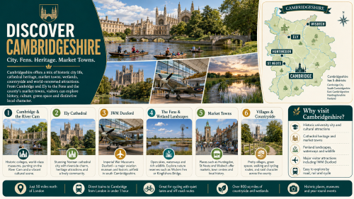 A Cambridgeshire discovery infographic titled “Discover Cambridgeshire”, featuring Cambridge and the River Cam, Ely Cathedral, IWM Duxford, the Fens, market towns, villages and countryside, with a county map showing Cambridge, Ely, Huntingdon, St Neots and Wisbech. Why Move to Cambridgeshire