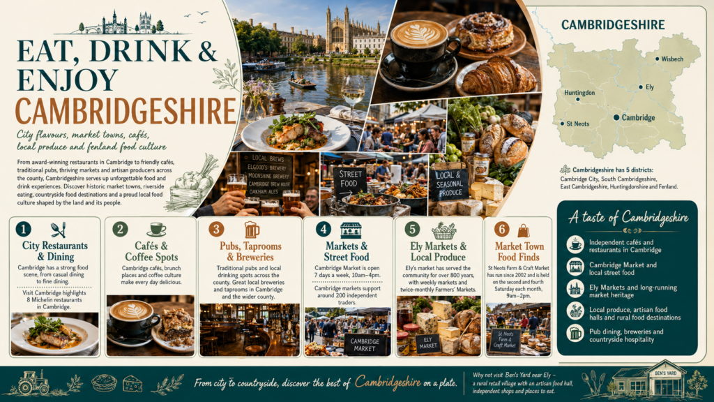 A Cambridgeshire food and drink infographic titled “Eat, Drink & Enjoy Cambridgeshire”, featuring Cambridge riverside dining, cafés, pubs, breweries, Cambridge Market, Ely Markets, local produce, market town food finds and a county map with Cambridge, Ely, Huntingdon, St Neots and Wisbech. Why Move to Cambridgeshire