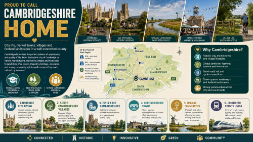 A Cambridgeshire lifestyle infographic titled “Proud to Call Cambridgeshire Home”, featuring Cambridge, Ely Cathedral, Fenland landscapes, market towns, village life and a county map with Cambridge, Ely, Huntingdon, St Neots and Wisbech, highlighting heritage, innovation, green spaces, transport links and community living. Why Move to Cambridgeshire