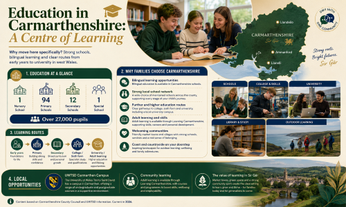 Infographic titled “Education in Carmarthenshire: A Centre of Learning”, showing students studying, a county map highlighting Llandeilo, Ammanford and Llanelli, and sections on schools, college and skills, university, libraries and outdoor learning. The graphic highlights Carmarthenshire’s maintained schools, over 27,000 pupils, bilingual learning, adult learning, UWTSD Carmarthen Campus, community learning and clear education pathways from early years to higher education. Why Move to Carmarthenshire