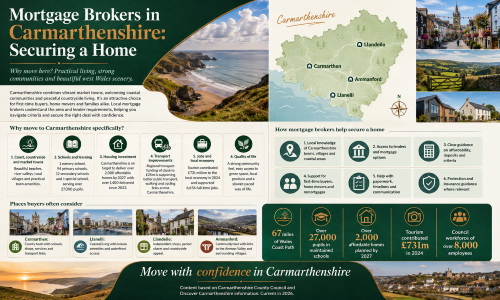 Infographic titled “Mortgage Brokers in Carmarthenshire: Securing a Home”, showing Carmarthenshire’s coastline, countryside, market towns and a county map highlighting Carmarthen, Llanelli, Llandeilo and Ammanford. The graphic explains why people move to Carmarthenshire, including coastal and countryside living, schools, affordable housing investment, transport improvements, local jobs, tourism, the Wales Coast Path and how mortgage brokers help buyers secure the right home. Why Move to Carmarthenshire