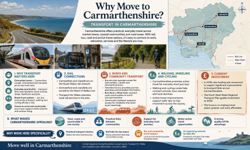 Infographic titled “Why Move to Carmarthenshire? Transport in Carmarthenshire”, showing coastal roads, rail travel, buses, walking and cycling routes, and a county map highlighting Carmarthen, Llanelli, Ammanford and Llandeilo. The graphic explains local transport options, including rail links, bus and community transport, active travel routes, road connections, regional transport investment and everyday access to work, education, services, coast and countryside. Why Move to Carmarthenshire