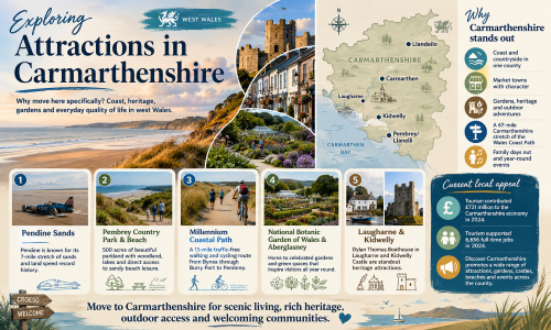 Infographic titled “Exploring Attractions in Carmarthenshire”, showing Carmarthenshire’s coastline, castles, gardens, walking and cycling routes, and a county map highlighting Carmarthen, Llandeilo, Laugharne, Kidwelly and Pembrey/Llanelli. The graphic promotes local attractions including Pendine Sands, Pembrey Country Park and Beach, the Millennium Coastal Path, the National Botanic Garden of Wales, Aberglasney, Laugharne, Kidwelly Castle, heritage sites, outdoor adventures and year-round events. Why Move to Carmarthenshire