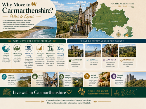 Infographic titled “Why Move to Carmarthenshire? What to Expect”, showing Carmarthenshire’s coastline, countryside, market towns and a county map highlighting Carmarthen, Llanelli, Llandeilo and Ammanford. The graphic explains why people move to Carmarthenshire, including coastal and rural living, family-friendly communities, schools, local economy, regeneration, transport improvements, parks, local produce, culture and heritage. Why Move to Carmarthenshire