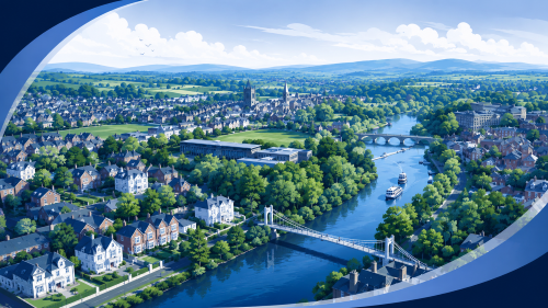 Branded illustration of living in Cheshire, showing riverside homes, village rooftops, green countryside, bridges, trees, and blue Connect-style brand colours. Why Move to Cheshire