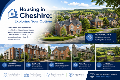 Branded housing in Cheshire graphic showing a range of property types, including apartments, terraced houses, family homes, period homes, and countryside cottages, set against a green Cheshire landscape with Connect-style blue branding. Why Move to Cheshire