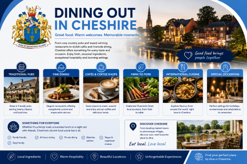 Branded dining out in Cheshire graphic showing the Cheshire crest, riverside dining, traditional pubs, fine dining, cafés, local produce, international cuisine, and special occasion venues using Connect brand colours. Why Move to Cheshire