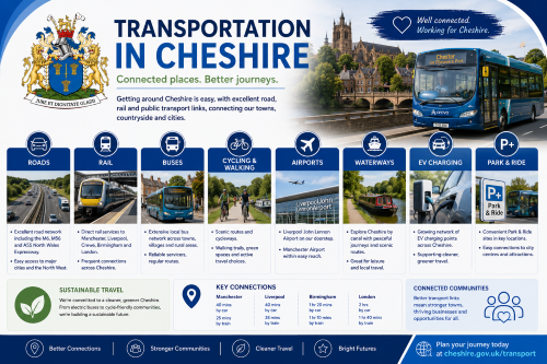 Branded transportation in Cheshire graphic showing the Cheshire crest, road, rail, bus, cycling, walking, airports, waterways, EV charging, park and ride, and regional connections using Connect brand colours. Why Move to Cheshire
