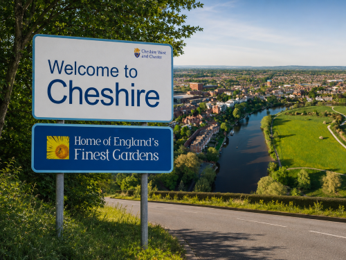 Welcome to Cheshire road sign beside a countryside road, with a riverside town, green fields, trees, and open landscape in the background. Why Move to Cheshire