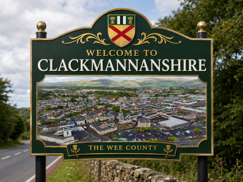 Why Move to Clackmannanshire road sign featuring county-style green and gold colouring, a crest, and an aerial view of the town with the Ochil Hills in the background.