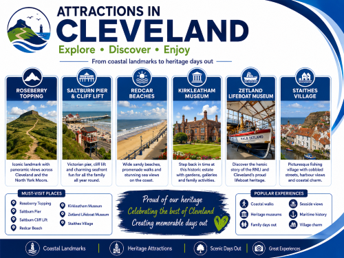 Branded attractions in Cleveland graphic highlighting Roseberry Topping, Saltburn Pier and Cliff Lift, Redcar’s sandy beaches, Kirkleatham Museum, the Zetland Lifeboat Museum, and the coastal village of Staithes, using Connect brand colours. Why Move to Cleveland