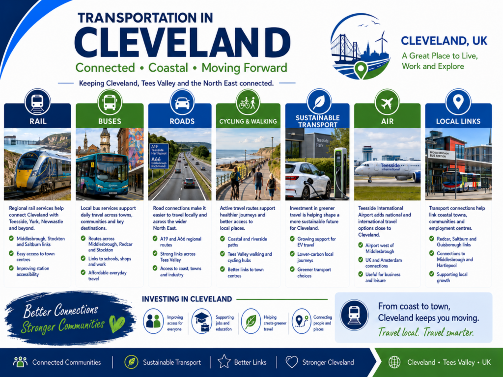 Branded transportation in Cleveland graphic showing rail, buses, roads, cycling and walking, sustainable transport, Teesside International Airport, and local links across Cleveland, Tees Valley, and the North East. Why Move to Cleveland