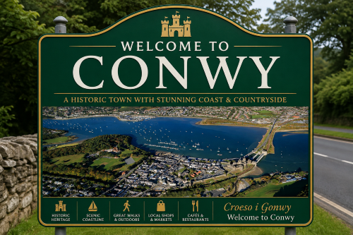 “Welcome to Conwy roadside sign featuring a green and gold heritage design, a castle icon, bilingual Welsh and English welcome text, and an aerial view of Conwy town, harbour, coastline and surrounding countryside.” Why Move to Conwy