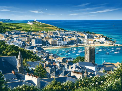 Branded illustration of coastal living in Cornwall showing a harbour town with fishing village homes, boats on clear blue water, green countryside, rugged cliffs, and seaside scenery in a navy, blue, and green colour palette. Why Move to Cornwall