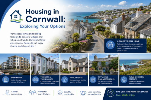 Branded housing in Cornwall illustration showing coastal apartments, terraced homes, family houses, character cottages, and rural coastal retreats, with harbour views, sea, cliffs, and Cornish village scenery. Why Move to Cornwall