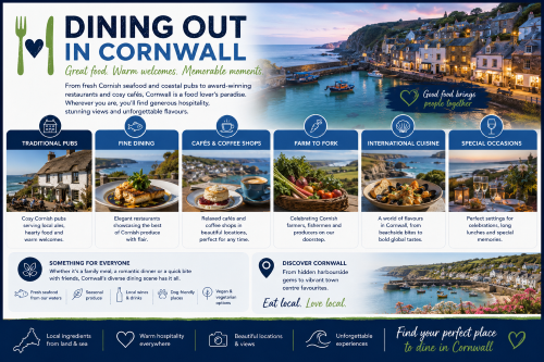 Branded dining out in Cornwall illustration showing coastal pubs, fine dining, cafés, farm-to-fork produce, seafood, special occasion dining, harbour views, fishing boats, and Cornish village scenery. Why Move to Cornwall
