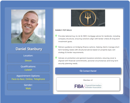 Branded mortgage broker profile card showing a Devon adviser’s headshot, location, CeMAP qualification, appointment options, key mortgage and insurance skills, contact button, and FIBA membership details. Why Move to Cornwall