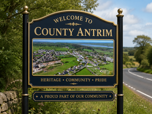 Welcome to County Antrim road sign featuring gold lettering, a scenic village aerial view, green countryside, and water in the distance. Why Move to County Antri
