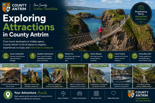 Why Move to County Antrim: Exploring Attractions in County Antrim promotional graphic showcasing some of the county’s most iconic landmarks and visitor destinations, including the Giant’s Causeway, Dunluce Castle, Carrick-a-Rede Rope Bridge, The Dark Hedges, Gobbins Cliff Path, Larne Harbour, and the Glens of Antrim. The image highlights County Antrim’s dramatic coastline, outdoor adventures, historic sites, scenic landscapes, family attractions, and rich cultural heritage. It demonstrates why County Antrim is one of the most popular destinations in Northern Ireland for sightseeing, exploration, and unforgettable experiences.