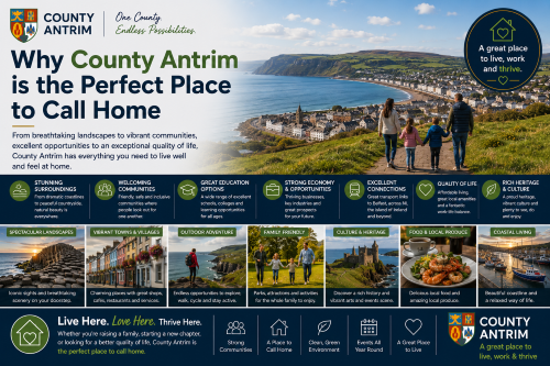 Why Move to County Antrim: Why County Antrim is the Perfect Place to Call Home promotional graphic showcasing the stunning County Antrim coastline, vibrant seaside towns, and a family enjoying the scenic landscape. The image highlights the county’s beautiful natural surroundings, welcoming communities, excellent education options, strong economy, transport connections, rich heritage, local food scene, outdoor lifestyle, and exceptional quality of life. It demonstrates why County Antrim is an ideal place to live, work, raise a family, and enjoy a balanced lifestyle surrounded by some of Northern Ireland’s most spectacular scenery.