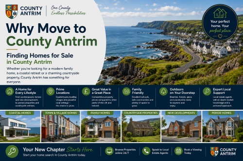 Why Move to County Antrim: Finding Homes for Sale in County Antrim promotional graphic featuring a scenic County Antrim coastline with coastal villages, modern housing developments, countryside properties, and family homes. The image highlights a wide range of property options, prime locations, competitive property values, family-friendly communities, outdoor lifestyle opportunities, and expert local support for homebuyers. It showcases why County Antrim is an attractive destination for those looking to buy a home and enjoy coastal, rural, or town living.
