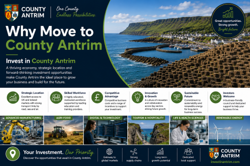 Why Move to County Antrim: Invest in County Antrim promotional graphic featuring the Giant’s Causeway coastline, a busy harbour, and thriving business sectors across County Antrim. The image highlights strategic location advantages, a skilled workforce, competitive business costs, innovation and growth, sustainability initiatives, and investor support. It showcases key industries including advanced manufacturing, agri-food, digital technology, tourism and hospitality, life sciences, and renewable energy, demonstrating why County Antrim is an attractive destination for business investment and economic growth.