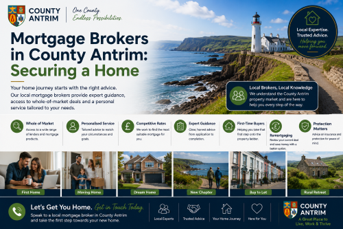 Why Move to County Antrim: Mortgage Brokers in County Antrim – Securing a Home promotional graphic featuring the dramatic County Antrim coastline and historic lighthouse, highlighting how local mortgage brokers can help buyers secure a home in the county. The image showcases whole-of-market mortgage access, personalised mortgage advice, competitive rates, expert guidance, support for first-time buyers, remortgaging solutions, buy-to-let opportunities, and protection advice. It demonstrates why County Antrim is an attractive place to live and how professional mortgage support can help make home ownership a reality.