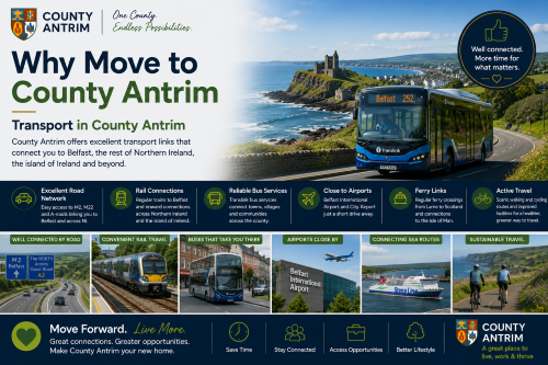 Why Move to County Antrim: Transport in County Antrim promotional graphic highlighting the county’s excellent transport connections, featuring a Translink bus travelling along the scenic Causeway Coast near Dunluce Castle. The image showcases County Antrim’s road network, rail services, local bus routes, access to Belfast International Airport and George Best Belfast City Airport, ferry links from Larne, and active travel opportunities including walking and cycling routes. It demonstrates why County Antrim is a well-connected location for commuting, travel, business, and leisure, offering easy access across Northern Ireland, the island of Ireland, and beyond.