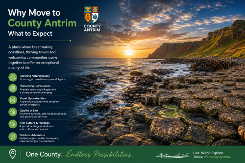 Why Move to County Antrim: What to Expect promotional graphic featuring the Giant’s Causeway coastline at sunset, highlighting County Antrim’s stunning natural beauty, welcoming communities, strong career opportunities, quality of life, rich heritage, and outdoor lifestyle. The design uses County Antrim-themed colours and imagery to showcase why County Antrim is an attractive place to live, work, and explore.