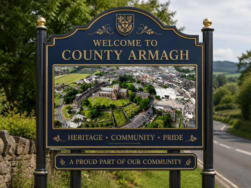 Welcome to County Armagh road sign featuring gold lettering, a crest, and an aerial view of a historic town with a church, gardens, and surrounding greenery. Why Move to County Armagh