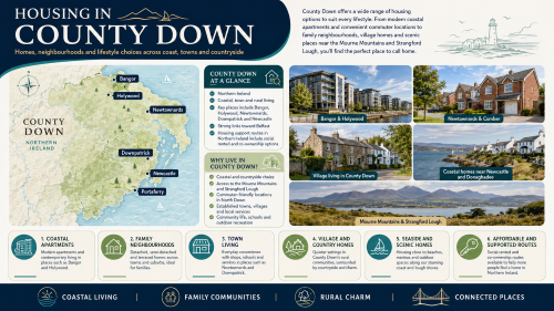 A County Down housing infographic titled “Housing in County Down”, featuring a labelled map with Bangor, Holywood, Newtownards, Downpatrick, Newcastle and Portaferry, plus housing options including coastal apartments, family neighbourhoods, town living, village homes, scenic seaside homes and affordable or supported routes. Why Move to County Down