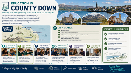 A County Down education infographic titled “Education in County Down”, showing Bangor, Holywood, Newtownards, Downpatrick, Newcastle and Portaferry on a county map, with education pathways covering early years, primary schools, post-primary and sixth form, SERC further education, apprenticeships, higher education pathways and adult learning support. Why Move to County Down