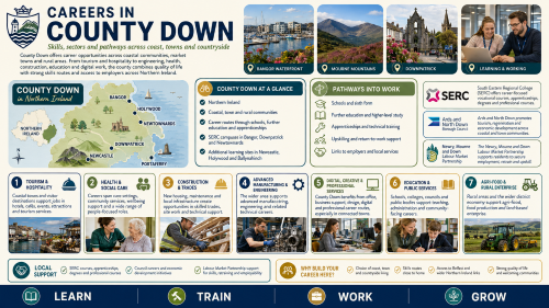 A County Down careers infographic titled “Careers in County Down”, featuring a labelled county map with Bangor, Holywood, Newtownards, Downpatrick, Newcastle and Portaferry, plus career pathways across tourism, health and social care, construction, engineering, digital and professional services, education, public services, agri-food and rural enterprise. Why Move to County Down