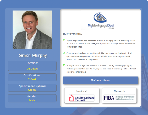 Mortgage broker profile card for a County Down adviser, showing a professional headshot, CeMAP qualification, online appointment option, top mortgage skills, contact button, and membership logos. Why Move to County Down