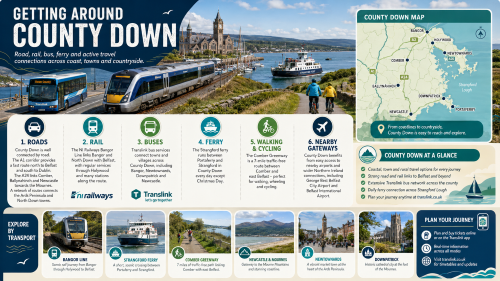 A County Down transport infographic titled “Getting Around County Down”, showing road, rail, bus, ferry, walking and cycling connections, with a labelled county map, the Bangor Line, Strangford Ferry, Comber Greenway, Newcastle and the Mournes, Newtownards, Downpatrick, and journey planning information. Why Move to County Down