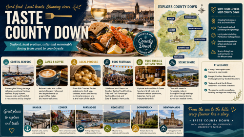 A County Down food and drink infographic titled “Taste County Down”, featuring seafood, cafés, local produce, food festivals, artisan food trails and scenic dining, with a labelled County Down map and highlighted places including Bangor, Comber, Portavogie, Newcastle, Downpatrick and Newtownards. Why Move to County Down