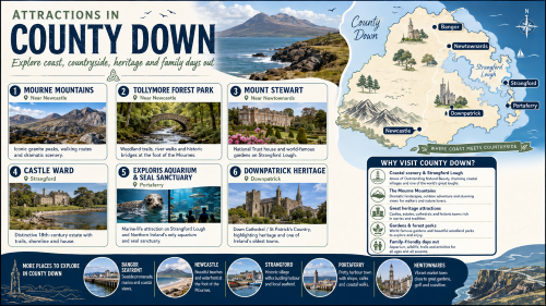 A County Down attractions infographic titled “Attractions in County Down”, featuring the Mourne Mountains, Tollymore Forest Park, Mount Stewart, Castle Ward, Exploris Aquarium and Seal Sanctuary, Downpatrick heritage, a labelled county map, and more places to explore including Bangor, Newcastle, Strangford, Portaferry and Newtownards. Why Move to County Down