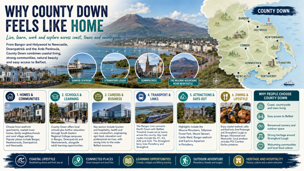 A County Down lifestyle infographic titled “Why County Down Feels Like Home”, featuring a labelled county map, Bangor seafront, Strangford Lough, Downpatrick, the Mourne Mountains, and key themes including homes, learning, careers, transport links, attractions, dining and coastal living. Why Move to County Down