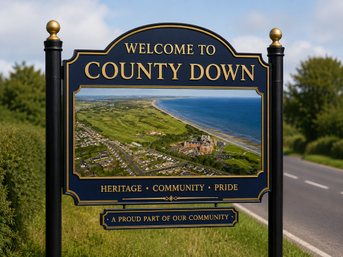 Welcome to County Down road sign featuring gold lettering, a coastal aerial view, green fields, houses, and sea views. Why Move to County Down