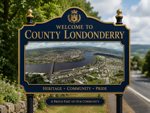Welcome to County Londonderry road sign featuring gold lettering, a crest, and an aerial view of a riverside city with bridges, neighbourhoods, and surrounding green countryside. Why Move to County Londonderry
