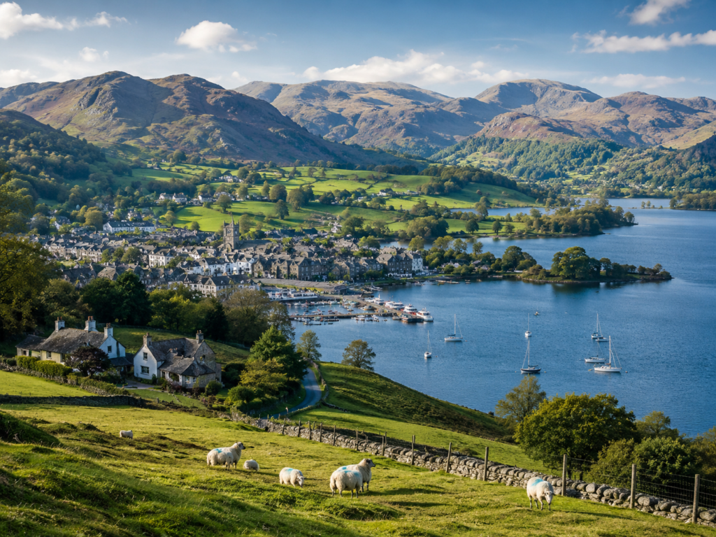 Realistic branded illustration of life in Cumbria showing a lakeside market town, green hills, mountain scenery, village homes, sailing boats, sheep, dry stone walls, and rural Lake District countryside. Why Move to Cumbria