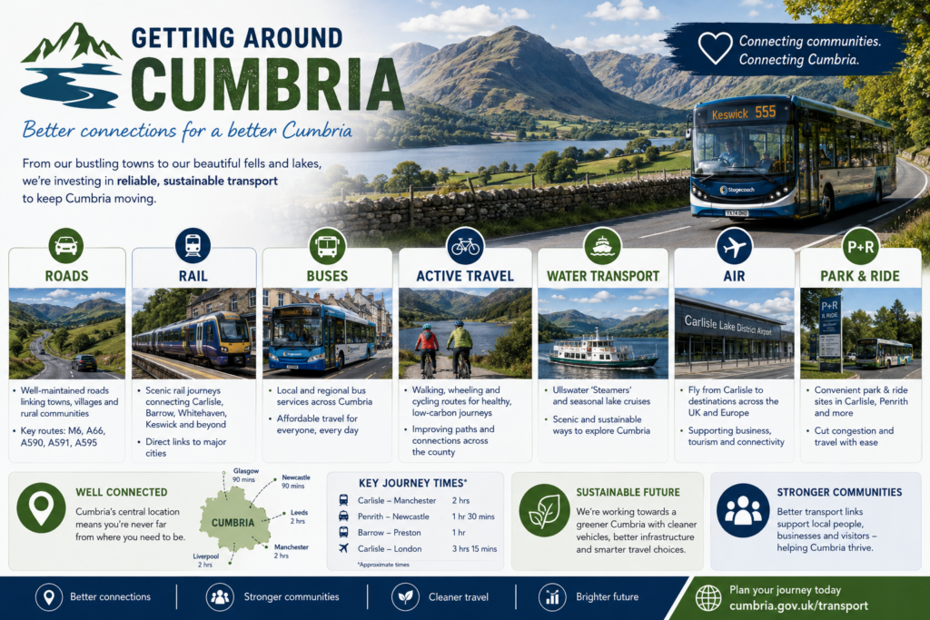Branded transport in Cumbria illustration showing roads, rail, buses, active travel, water transport, air travel, and park and ride, with Lake District mountains, lakes, dry stone walls, and rural road scenery. Why Move to Cumbria
