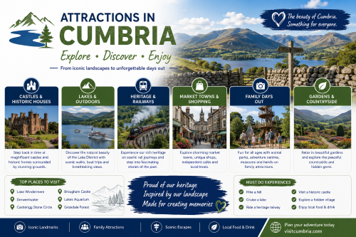 Branded attractions in Cumbria illustration showing castles, historic houses, lakes, outdoor activities, heritage railways, market towns, family days out, gardens, countryside, and Lake District scenery. Why Move to Cumbria
