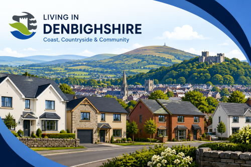 Branded illustration of modern homes in Denbighshire with rolling hills, countryside, a historic town skyline, and North Wales landscape in the background. Why Move to Denbighshire