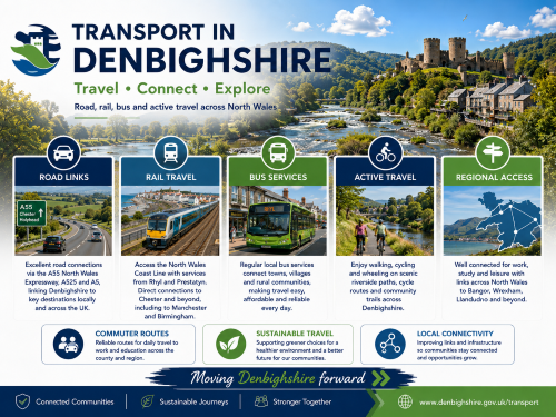 Branded transport in Denbighshire graphic showing road, rail, bus, active travel, and regional connections, with a river valley, hillside town, countryside, and castle-style landmark in the background. Why Move to Denbighshire