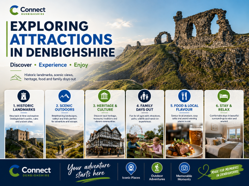 Branded attractions in Denbighshire graphic featuring historic castle ruins on a hillside, scenic countryside views, heritage landmarks, family days out, local food, and places to stay. Why Move to Denbighshire